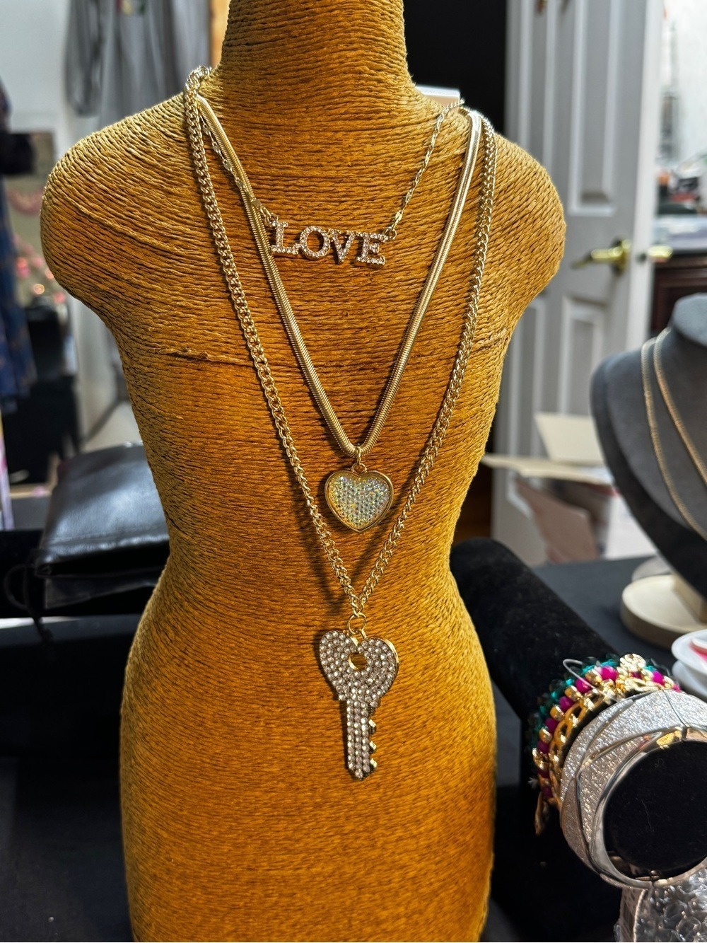 Gold Tone Layered Necklace Set with LOVE, Heart and Key Pendants